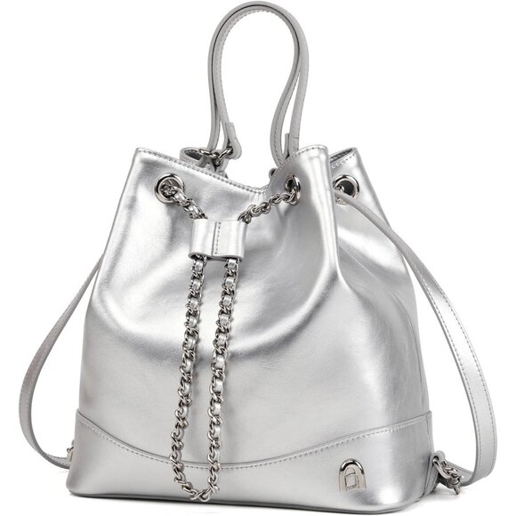 Women\'s Silver Leather Backpack Small Shoulder Handbag with Silver Chain and Dra main image 4